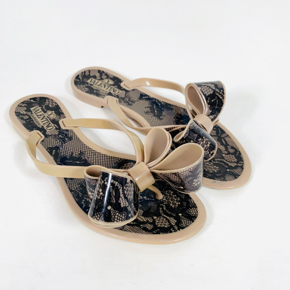 Valentino Shoes - Velentino Lace Print Bow Front Jelly Thong Sandals